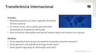 Copyright © 2020 HashiCorp ∕Copyright © 2020 HashiCorp ∕ 21
Transferência Internacional
Exemplo:
• Necessário garantir que certos segredos não deixem
território nacional
• Ao mesmo tempo, deve suportar gerenciamento
centralizado de arquiteturas distribuídas
• Deve armazenar informações sensíveis de maneira segura em transito e em repouso
Desafios:
• Como especificar quais grupos de segredos necessitam controles especiais?
• Como gerenciar uma arquitetura de larga escala cloud?
• Como garantir segurança de informações sensíveis?
 