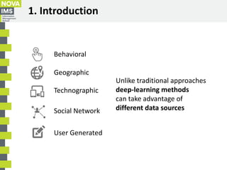 1. Introduction
Unlike traditional approaches
deep-learning methods
can take advantage of
different data sources
Behaviora...