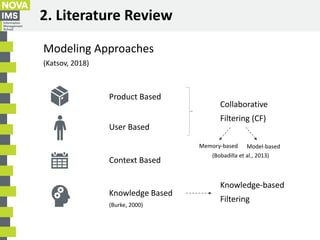 2. Literature Review
Modeling Approaches
(Katsov, 2018)
Product Based
User Based
Context Based
Knowledge Based
(Burke, 200...
