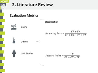 2. Literature Review
Evaluation Metrics
Online
Offline
User Studies
Classification
𝐻𝑎𝑚𝑚𝑖𝑛𝑔 𝐿𝑜𝑠𝑠 =
𝐹𝑃 + 𝐹𝑁
𝐹𝑃 + 𝐹𝑁 + 𝑇𝑃 + 𝑇...