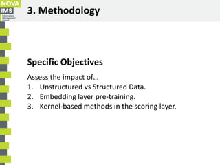 3. Methodology
Assess the impact of…
1. Unstructured vs Structured Data.
2. Embedding layer pre-training.
3. Kernel-based ...