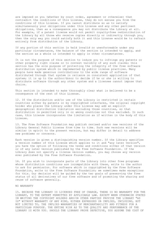 are imposed on you (whether by court order, agreement or otherwise) that
contradict the conditions of this License, they do not excuse you from the
conditions of this License. If you cannot distribute so as to satisfy
simultaneously your obligations under this License and any other pertinent
obligations, then as a consequence you may not distribute the Library at all.
For example, if a patent license would not permit royalty-free redistribution of
the Library by all those who receive copies directly or indirectly through you,
then the only way you could satisfy both it and this License would be to refrain
entirely from distribution of the Library.
If any portion of this section is held invalid or unenforceable under any
particular circumstance, the balance of the section is intended to apply, and
the section as a whole is intended to apply in other circumstances.
It is not the purpose of this section to induce you to infringe any patents or
other property right claims or to contest validity of any such claims; this
section has the sole purpose of protecting the integrity of the free software
distribution system which is implemented by public license practices. Many
people have made generous contributions to the wide range of software
distributed through that system in reliance on consistent application of that
system; it is up to the author/donor to decide if he or she is willing to
distribute software through any other system and a licensee cannot impose that
choice.
This section is intended to make thoroughly clear what is believed to be a
consequence of the rest of this License.
12. If the distribution and/or use of the Library is restricted in certain
countries either by patents or by copyrighted interfaces, the original copyright
holder who places the Library under this License may add an explicit
geographical distribution limitation excluding those countries, so that
distribution is permitted only in or among countries not thus excluded. In such
case, this License incorporates the limitation as if written in the body of this
License.
13. The Free Software Foundation may publish revised and/or new versions of the
Library General Public License from time to time. Such new versions will be
similar in spirit to the present version, but may differ in detail to address
new problems or concerns.
Each version is given a distinguishing version number. If the Library specifies
a version number of this License which applies to it and "any later version",
you have the option of following the terms and conditions either of that version
or of any later version published by the Free Software Foundation. If the
Library does not specify a license version number, you may choose any version
ever published by the Free Software Foundation.
14. If you wish to incorporate parts of the Library into other free programs
whose distribution conditions are incompatible with these, write to the author
to ask for permission. For software which is copyrighted by the Free Software
Foundation, write to the Free Software Foundation; we sometimes make exceptions
for this. Our decision will be guided by the two goals of preserving the free
status of all derivatives of our free software and of promoting the sharing and
reuse of software generally.
NO WARRANTY
15. BECAUSE THE LIBRARY IS LICENSED FREE OF CHARGE, THERE IS NO WARRANTY FOR THE
LIBRARY, TO THE EXTENT PERMITTED BY APPLICABLE LAW. EXCEPT WHEN OTHERWISE STATED
IN WRITING THE COPYRIGHT HOLDERS AND/OR OTHER PARTIES PROVIDE THE LIBRARY "AS
IS" WITHOUT WARRANTY OF ANY KIND, EITHER EXPRESSED OR IMPLIED, INCLUDING, BUT
NOT LIMITED TO, THE IMPLIED WARRANTIES OF MERCHANTABILITY AND FITNESS FOR A
PARTICULAR PURPOSE. THE ENTIRE RISK AS TO THE QUALITY AND PERFORMANCE OF THE
LIBRARY IS WITH YOU. SHOULD THE LIBRARY PROVE DEFECTIVE, YOU ASSUME THE COST OF

 