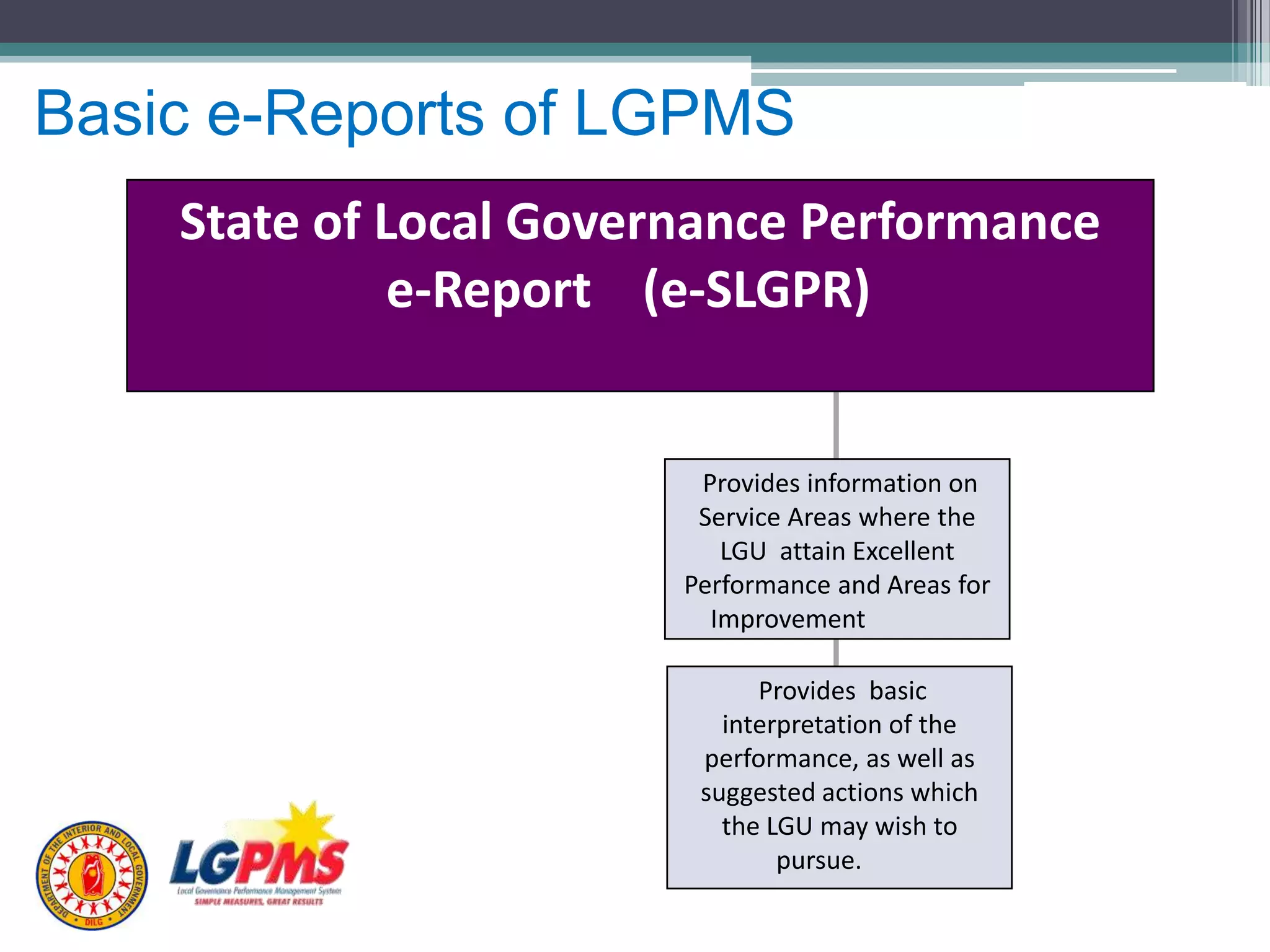 Basic e-Reports of LGPMS
Provides information on
Service Areas where the
LGU attain Excellent
Performance and Areas for
Improvement
Provides basic
interpretation of the
performance, as well as
suggested actions which
the LGU may wish to
pursue.
State of Local Governance Performance
e-Report (e-SLGPR)
 