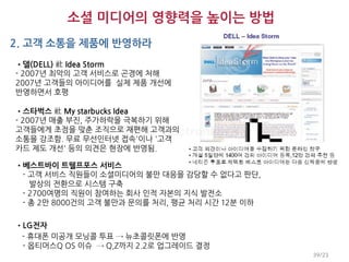 소셜 미디어의 영향력을 높이는 방법
2. 고객 소통을 제품에 반영하라
•델(DELL) 社 Idea Storm
- 2007년 최악의 고객 서비스로 곤경에 처해
2007년 고객들의 아이디어를 실제 제품 개선에
반영하면서 호평

•스타벅스 社 My starbucks Idea
- 2007년 매출 부진, 주가하락을 극복하기 위해
고객들에게 초점을 맞춘 조직으로 재편해 고객과의
소통을 강조함. 무료 무선인터넷 접속'이나 '고객
카드 제도 개선' 등의 의견은 현장에 반영됨.

•베스트바이 트웰프포스 서비스
 - 고객 서비스 직원들이 소셜미디어의 불만 대응을 감당할 수 없다고 판단,
   발상의 전환으로 시스템 구축
 - 2700여명의 직원이 참여하는 회사 인적 자본의 지식 발전소
 - 총 2만 8000건의 고객 불만과 문의를 처리, 평균 처리 시간 12분 이하

•LG전자
 - 휴대폰 미공개 모닝콜 투표 → 뉴초콜릿폰에 반영
 - 옵티머스Q OS 이슈 → Q,Z까지 2.2로 업그레이드 결정
                                                39/23
 