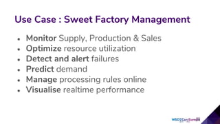 • Monitor Supply, Production & Sales
• Optimize resource utilization
• Detect and alert failures
• Predict demand
• Manage processing rules online
• Visualise realtime performance
Use Case : Sweet Factory Management
 