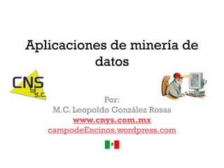 Aplicaciones de minería de
          datos

                Por:
    M.C. Leopoldo González Rosas
         www.cnys.com.mx
   campodeEncinos.wordpress.com
 