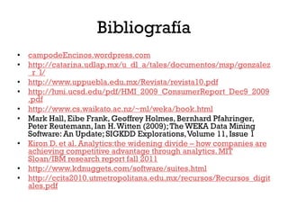 Bibliografía
• campodeEncinos.wordpress.com
• http://catarina.udlap.mx/u_dl_a/tales/documentos/msp/gonzalez
  _r_l/
• http://www.uppuebla.edu.mx/Revista/revista10.pdf
• http://hmi.ucsd.edu/pdf/HMI_2009_ConsumerReport_Dec9_2009
  .pdf
• http://www.cs.waikato.ac.nz/~ml/weka/book.html
• Mark Hall, Eibe Frank, Geoffrey Holmes, Bernhard Pfahringer,
  Peter Reutemann, Ian H. Witten (2009); The WEKA Data Mining
  Software: An Update; SIGKDD Explorations, Volume 11, Issue 1
• Kiron D. et al. Analytics:the widening divide – how companies are
  achieving competitive advantage through analytics. MIT
  Sloan/IBM research report fall 2011
• http://www.kdnuggets.com/software/suites.html
• http://ccita2010.utmetropolitana.edu.mx/recursos/Recursos_digit
  ales.pdf
 