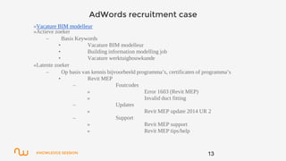 KNOWLEDGE SESSION
AdWords recruitment case
»Vacature BIM modelleur
»Actieve zoeker
– Basis Keywords
• Vacature BIM modelleur
• Building information modelling job
• Vacature werktuigbouwkunde
»Latente zoeker
– Op basis van kennis bijvoorbeeld programma’s, certificaten of programma’s
• Revit MEP
– Foutcodes
» Error 1603 (Revit MEP)
» Invalid duct fitting
– Updates
» Revit MEP update 2014 UR 2
– Support
» Revit MEP support
» Revit MEP tips/help
13
 