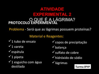ATIVIDADE
EXPERIMENTAL 2
O QUE É A LÁGRIMA?
PROTOCOLO EXPERIMENTAL
Material e Reagentes:
Problema - Será que as lágrimas possuem proteínas?
copos de precipitação
balança
sulfato de cobre
hidróxido de sódio
lágrimas
1 tubo de ensaio
1 vareta
espátula
1 pipeta
1 esguicho com água
destilada Turma 8º4ª
 