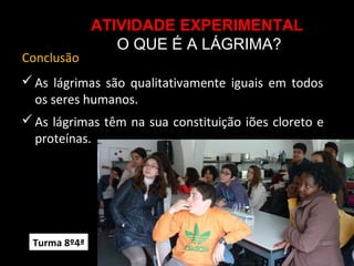 ATIVIDADE EXPERIMENTAL
O QUE É A LÁGRIMA?
Conclusão
As lágrimas são qualitativamente iguais em todos
os seres humanos.
As lágrimas têm na sua constituição iões cloreto e
proteínas.
Turma 8º4ª
 