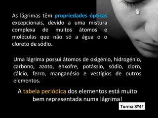 Uma lágrima possui átomos de oxigénio, hidrogénio,
carbono, azoto, enxofre, potássio, sódio, cloro,
cálcio, ferro, manganésio e vestígios de outros
elementos.
A tabela periódica dos elementos está muito
bem representada numa lágrima!
As lágrimas têm propriedades ópticas
excepcionais, devido a uma mistura
complexa de muitos átomos e
moléculas que não só a água e o
cloreto de sódio.
Turma 8º4ª
 