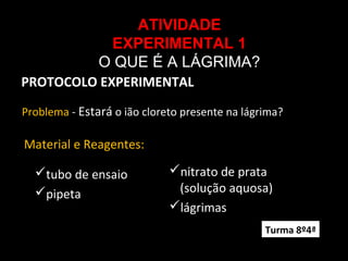 ATIVIDADE
EXPERIMENTAL 1
O QUE É A LÁGRIMA?
PROTOCOLO EXPERIMENTAL
Material e Reagentes:
Problema - Estará o ião cloreto presente na lágrima?
nitrato de prata
(solução aquosa)
lágrimas
tubo de ensaio
pipeta
Turma 8º4ª
 