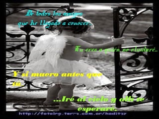 De todos los amigos
que he llegado a conocer...
...Iré al cielo y allí te
esperaré.
Tu eres a quién no olvidaré...
Y si muero antes que
tú...
 