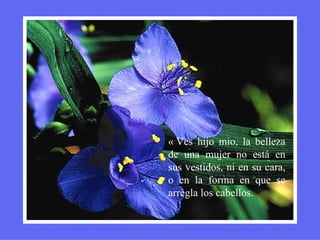 « Ves hijo mio, la belleza de una mujer no está en sus vestidos, ni en su cara, o en la forma en que se arregla los cabellos. 