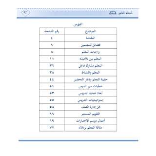 ‫المعلم‬‫الناجح‬93
‫الفه‬‫رس‬
‫الموضوع‬‫الصفحة‬ ‫رقم‬
‫المقدمة‬4
‫للمثلمين‬ ‫ئل‬ ‫فض‬6
‫المثلم‬ ‫ت‬ ‫واجب‬8
‫تالميذه‬ ‫عين‬ ‫المثلم‬11
‫المثلم‬‫رك‬ ‫مش‬‫عل‬ ‫ف‬36
‫ط‬ ‫والنش‬ ‫المثلم‬38
‫المثلم‬ ‫حقيبة‬‫التحضير‬ ‫ودفتر‬44
‫الدرس‬ ‫سير‬ ‫خطوات‬51
‫يس‬‫ر‬‫التد‬ ‫عملية‬ ‫د‬ ‫أعث‬53
‫يس‬‫ر‬‫التد‬ ‫ت‬ ‫إستراتيجي‬55
‫الصف‬ ‫إدارة‬ ‫فن‬58
‫التقوي‬‫المستمر‬ ‫م‬66
‫ات‬‫ر‬ ‫االختب‬ ‫موسم‬ ‫ل‬ ‫أعم‬69
‫ع‬ ‫المثلم‬ ‫عالقة‬‫زمالئه‬72
 