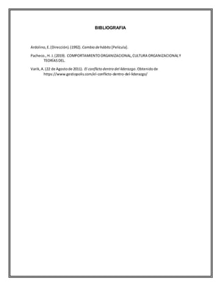 BIBLIOGRAFIA
Ardolino,E.(Dirección).(1992). Cambio dehábito [Película].
Pacheco.,H. J.(2019). COMPORTAMIENTOORGANIZACIONAL,CULTURA ORGANIZACIONALY
TEORÍASDEL.
Varik,A.(22 de Agostode 2011). El conflicto dentro del liderazgo.Obtenidode
https://www.gestiopolis.com/el-conflicto-dentro-del-liderazgo/
 