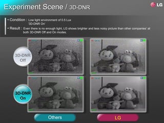 Experiment Scene / 3D-DNR
 • Condition : Low light environment of 0.5 Lux
                ‘3D-DNR On’
 • Result : Even there is no enough light, LG shows brighter and less noisy picture than other companies’ at
            both 3D-DNR Off and On modes.




      3D-DNR
        Off




      3D-DNR
        On



                               Others                                            LG
 