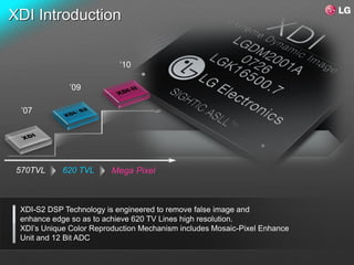 XDI Introduction


                           ’10

              ’09

  ’07




 570TVL     620 TVL      Mega Pixel



 XDI-S2 DSP Technology is engineered to remove false image and
 enhance edge so as to achieve 620 TV Lines high resolution.
 XDI’s Unique Color Reproduction Mechanism includes Mosaic-Pixel Enhance
 Unit and 12 Bit ADC
 
