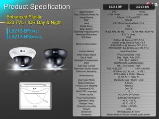 Product Specification
                                   Signal System                  PAL                        NTSC
                            Total / Effective Pixels No.      470K / 440K                  410K / 380K
Enhanced Plastic                   Image Device                        6.0mm (1/3 Type) CCD
                                        DSP                                    XDI-S2
620 TVL / ICR Day & Night               Lens                       2.8~11mm Vari-focal lens, F1.4
                                    Digital Zoom                                  X8
                                   Sync. System                                Internal
 L5213-BP(PAL)              Scanning Frequency(H/V)        15.625 KHz / 50 Hz         15.734 KHz / 59.94 Hz
                              Horizontal Resolution                         620 TV Lines
 L5213-BN(NTSC)                      S/N Ratio                                  52dB
                                                                   0.06 lux @ Sens-up OFF, F1.4
                                                                  0.0001 lux @ Sens-up Auto, F1.4
                              Minimum Illumination
                                                                 B/W 0.006 lux @ Sens-up OFF, F1.4
                                                               B/W 0.000001 lux @ Sens-up x128, F1.4
                                 Control Method                            Inner Key Button
                              Video Output Signal                      1Vp-p Composite (75Ω)
                                   Day & Night                         Day / Night / Auto (ICR)
                            Backlight Compensation                       OFF / BLC / HSBLC
                                      DNR                           3D-DNR(Off/Low/Middle/High)
                               Auto Gain Control                       Off / Low / Middle / High
                            Electronic Shutter Speed         1/50 ~1/90,000                1/60 ~1/90,000
                              Electronic Sensitivity               OFF/Auto ( x2, x3, x4,…..x 128 )
                                                                    ATW / AWC  PUSH / Manual
                                  White Balance
                                                                        (1,700 ºk ~ 11,000 ºk)
                                 User Color Mode                    Standard / Cool / Warm / Vivid
                                 Motion Detection                               4 Zones
                              Privacy Zone Masking                              8 Masks
                                  Stabilizer (EIS)                              On / Off
                              Multi OSD Language                                   15
                                  Power Source                          DC12V/AC24V (Dual)
                               Power Consumption                        2.8W (DC12V/AC24V)
                                 Operation Temp.                             -10 ºC ~ 50 ºC
                                  Storage Temp.                              -20 ºC ~ 60 ºC
                               Operation Humidity                          0%RH ~ 80%RH
                                      Weight                                      323g
                                    Dimension                          Φ140 (Base) x 87.3mm
                                    Accessory                Mount Bracket / Screw / Install guide sticker
 