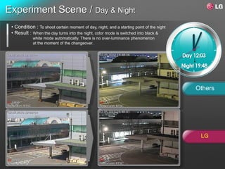 Experiment Scene / Day & Night
 • Condition : To shoot certain moment of day, night, and a starting point of the night
 • Result : When the day turns into the night, color mode is switched into black &
            white mode automatically. There is no over-luminance phenomenon
            at the moment of the changeover.



                                                                                          ↓




                                                                                          Others




                                                                                              LG
 