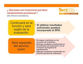 ¿ Qué pasa con el personal que tiene
nombramiento provisional ?
(Art. Noveno transitorio)
•  Si obtiene resultados
suficientes quedará
incorporado al SPD.
Continuará en la
función y será
sujeto de la
evaluación.
•  Se niegue a participar en los
procesos de evaluación.
•  Obtenga resultados insuficientes en
los procesos de evaluación y no se
incorpore al programa de
regularización.
•  Obtenga resultados insuficientes en
el tercer proceso de evaluación.
Será separado
del servicio,
quien:
 