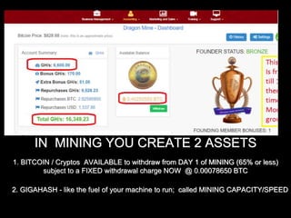 IN MINING YOU CREATE 2 ASSETS
1. BITCOIN / Cryptos AVAILABLE to withdraw from DAY 1 of MINING (65% or less)
subject to a FIXED withdrawal charge NOW @ 0.00078650 BTC
2. GIGAHASH - like the fuel of your machine to run; called MINING CAPACITY/SPEED
 