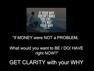 GET CLARITY with your WHY
“If MONEY were NOT a PROBLEM,
What would you want to BE / DO/ HAVE
right NOW?”
 