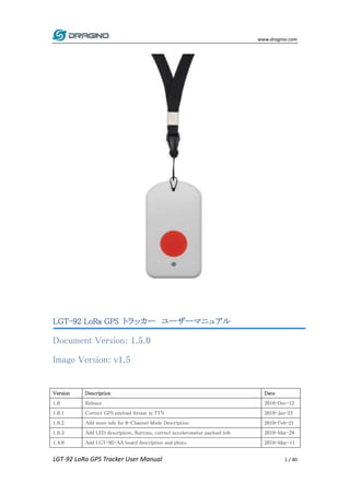 www.dragino.com
LGT-92 LoRa GPS Tracker User Manual 1 / 40
LGT-92 LoRa GPS トラッカー ユーザーマニュアル
Document Version: 1.5.0
Image Version: v1.5
Version Description Date
1.0 Release 2018-Dec-12
1.0.1 Correct GPS payload format in TTN 2019-Jan-23
1.0.2 Add more info for 8-Channel Mode Description 2019-Feb-21
1.0.3 Add LED description, Buttons, correct accelerometer payload info 2019-Mar-29
1.4.0 Add LGT-92-AA board description and photo 2019-May-11
 