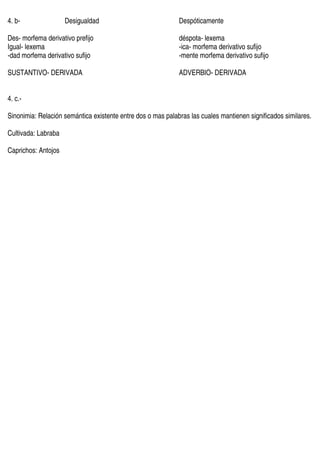 4. b-                Desigualdad                             Despóticamente

Des- morfema derivativo prefijo                              déspota- lexema
Igual- lexema                                                -ica- morfema derivativo sufijo
-dad morfema derivativo sufijo                               -mente morfema derivativo sufijo

SUSTANTIVO- DERIVADA                                         ADVERBIO- DERIVADA


4. c.-

Sinonimia: Relación semántica existente entre dos o mas palabras las cuales mantienen significados similares.

Cultivada: Labraba

Caprichos: Antojos
 