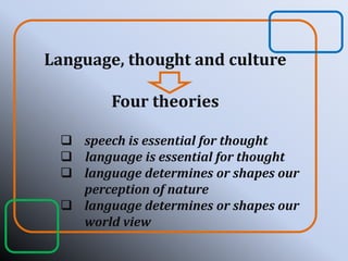 Language, thought and culture
Four theories
 speech is essential for thought
 language is essential for thought
 language determines or shapes our
perception of nature
 language determines or shapes our
world view
 