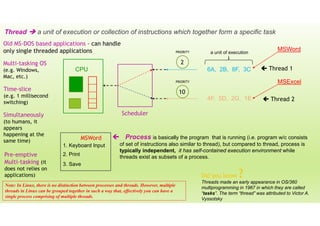 Thread  a unit of execution or collection of instructions which together form a specific task
MSWorda unit of execution
6A, 2B, 8F, 3C
Did you know
Threads made an early appearance in OS/360
multiprogramming in 1967 in which they are called
“tasks”. The term “thread” was attributed to Victor A.
Vyssotsky
?
4F, 5D, 2G, 1E
MSExcel
Scheduler
CPU
Multi-tasking OS
(e.g. Windows,
Mac, etc.)
Time-slice
(e.g. 1 millisecond
switching)
Simultaneously
(to humans, it
appears
happening at the
same time)
Pre-emptive
Multi-tasking (it
does not relies on
applications)
2
PRIORITY
10
PRIORITY
MSWord  Process is basically the program that is running (i.e. program w/c consists
of set of instructions also similar to thread), but compared to thread, process is
typically independent, it has self-contained execution environment while
threads exist as subsets of a process.
1. Keyboard Input
2. Print
3. Save
Old MS-DOS based applications – can handle
only single threaded applications
 Thread 1
 Thread 2
Note: In Linux, there is no distinction between processes and threads. However, multiple
threads in Linux can be grouped together in such a way that, effectively you can have a
single process comprising of multiple threads.
 