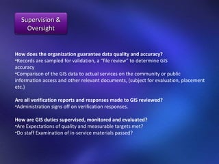 How does the organization guarantee data quality and accuracy?  Records are sampled for validation, a “file review” to determine GIS  accuracy  Comparison of the GIS data to actual services on the community or public information access and other relevant documents, (subject for evaluation, placement etc.)  Are all verification reports and responses made to GIS reviewed?  Administration signs off on verification responses.  How are GIS duties supervised, monitored and evaluated?  Are Expectations of quality and measurable targets met? Do staff Examination of in-service materials passed? Supervision & Oversight 