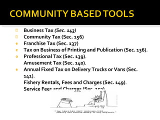 Business Tax  (Sec. 143) Community Tax (Sec. 156) Franchise Tax (Sec. 137) Tax on Business of Printing and Publication (Sec. 136) . Professional Tax (Sec. 139) . Amusement Tax (Sec. 140) . Annual Fixed Tax on Delivery Trucks or Vans (Sec. 141) . Fishery Rentals, Fees and Charges (Sec. 149) . Service Fees and Charges (Sec. 153). 