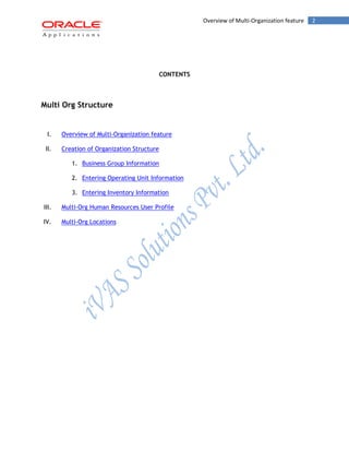 Overview of Multi-Organization feature 2 
CONTENTS 
Multi Org Structure 
I. Overview of Multi-Organization feature 
II. Creation of Organization Structure 
1. Business Group Information 
2. Entering Operating Unit Information 
3. Entering Inventory Information 
III. Multi-Org Human Resources User Profile 
IV. Multi-Org Locations 
 