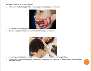 SINTOMAS Y SIGNOS DE PROGRESO:
 Inflamación rápida de las glándulas parótidas y de otras (sublingual-submaxilar).
 El aumento de volumen va acompañado de dolor.
 Causa meningitis aséptica, es mas común en hombres que en mujeres.
 La meningoencefalitis ocurre por lo común 6-7 días después de la inflamación de glándulas.
 La meningitis y la meningoencefalitis por parotiditis desaparecen por lo general sin dejar secuelas, aunque algunos
presentan sordera.
 