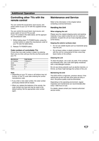 Additional Operation
Controlling other TVs with the                               Maintenance and Service
remote control
                                                             Refer to the information in this chapter before
                                                             contacting a service technician.
You can control the sound level, input source, and




                                                                                                                           Operation
power switch of your LG TV with the supplied remote
control.
                                                             Handling the Unit
You can control the sound level, input source, and           When shipping the unit
power switch of non-LG TVs as well.
If your TV is listed in the table below, set the appropri-   Please save the original shipping carton and packing
ate manufacturer code.                                       materials. If you need to ship the unit, for maximum
                                                             protection, re-pack the unit as it was originally packed
1. While holding down TV POWER button, press the             at the factory.
   number buttons to select the manufacturer code for
                                                             Keeping the exterior surfaces clean
   your TV (see the table below).
                                                             •   Do not use volatile liquids such as insecticide spray
2. Release TV POWER button.
                                                                 near the unit.
Code numbers of controllable TVs                             •   Do not leave rubber or plastic products in contact
If more than one code number is listed, try entering             with the unit for a long period of time. since they
them one at a time until you find the one that works with        leave marks on the surface.
your TV.
                                                             Cleaning the unit
Manufacturer         Code Number
LG / GoldStar        1 (Default), 2                          To clean the player, use a soft, dry cloth. If the surfaces
Zenith               1, 3, 4                                 are extremely dirty, use a soft cloth lightly moistened
Samsung              6, 7                                    with a mild detergent solution.
Sony                 8, 9                                    Do not use strong solvents such as alcohol, benzine, or
Hitachi              4                                       thinner, as these might damage the surface of the unit.

Note:                                                        Maintaining the Unit
• Depending on your TV, some or all buttons may not
  function on the TV, even after entering the correct        The DVD+VCR is a high-tech, precision device. If the
  manufacturer code.                                         optical pick-up lens and disc drive parts are dirty or
                                                             worn, the picture quality could be diminished.
• If you enter a new code number, the code number
  previously entered will be erased.                         Depending on the operating environment, regular
                                                             inspection and maintenance are recommended after
• When you replace the batteries of the remote, the          every 1,000 hours of use.
  code number you have set may be reset to the
  default setting. Set the appropriate code number           For details, please contact your nearest authorized
  again.                                                     service center.




                                                                                                                    33
 