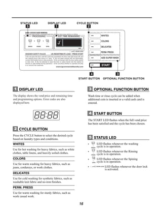 STATUS LED              DISPLAY LED              CYCLE BUTTON




                                                       START BUTTON       OPTIONAL FUNCTION BUTTON



 1 DISPLAY LED                                               3 OPTIONAL FUNCTION BUTTON
The display shows the vend price and remaining time          Wash time or rinse cycle can be added when
and programming options. Error codes are also                additional coin is inserted or a valid cash card is
displayed here.                                              entered.


                                                             4 START BUTTON
                                                             The START LED flashes when the full vend price
                                                             has been satisfied and the cycle has been chosen.
 2 CYCLE BUTTON
Press the CYCLE button to select the desired cycle
based on laundry types and conditions.                       5 STATUS LED
WHITES                                                              LED flashes whenever the washing
                                                                    cycle is in operation.
Use for hot washing for heavy fabrics, such as white
                                                                    LED flashes whenever the Rinsing
clothes, table linens, and heavily soiled clothes.                  cycle is in operation.
COLORS                                                              LED flashes whenever the Spining
                                                                    cycle is in operation.
Use for warm washing for heavy fabrics, such as
jeans, corduroys, or work clothes.                                          LED flashes whenever the door lock
                                                                            is activated.
DELICATES
Use for cold washing for synthetic fabrics, such as
washable knit fabric and no-iron finishes.
PERM. PRESS
Use for warm washing for sturdy fabrics, such as
work casual work.

                                                        16
 