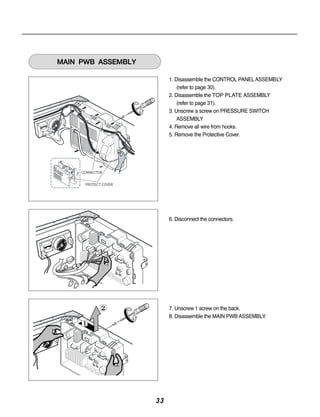 1. Disassemble the CONTROL PANEL ASSEMBLY
                          (refer to page 30).
                      2. Disassemble the TOP PLATE ASSEMBLY
                          (refer to page 31).
                      3. Unscrew a screw on PRESSURE SWITCH
                          ASSEMBLY
                      4. Remove all wire from hooks.
                      5. Remove the Protective Cover.




CONNECTOR


 PROTECT COVER




                      6. Disconnect the connectors.




                      7. Unscrew 1 screw on the back.
                      8. Disassemble the MAIN PWB ASSEMBLY.




                 33
 