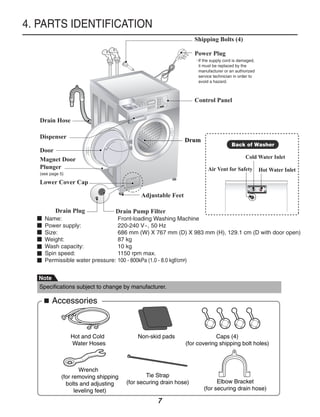 4. PARTS IDENTIFICATION
                                                                  Shipping Bolts (4)

                                                                  Power Plug
                                                                   If the supply cord is damaged,
                                                                   it must be replaced by the
                                                                   manufacturer or an authorized
                                                                   service technician in order to
                                                                   avoid a hazard.



                                                                  Control Panel


   Drain Hose

   Dispenser
                                                             Drum
                                                                                    Back of Washer
   Door
   Magnet Door                                                                              Cold Water Inlet
   Plunger                                                              Air Vent for Safety         Hot Water Inlet
   (see page 5)

   Lower Cover Cap

                                           Adjustable Feet

          Drain Plug             Drain Pump Filter
     Name:                       Front-loading Washing Machine
     Power supply:               220-240 V~, 50 Hz
     Size:                       686 mm (W) X 767 mm (D) X 983 mm (H), 129.1 cm (D with door open)
     Weight:                     87 kg
     Wash capacity:              10 kg
     Spin speed:                 1150 rpm max.
     Permissible water pressure: 100 - 800kPa (1.0 - 8.0 kgf/cm2)


  Note
  Specifications subject to change by manufacturer.

         Accessories



                  Hot and Cold            Non-skid pads                   Caps (4)
                  Water Hoses                                (for covering shipping bolt holes)



                     Wrench
             (for removing shipping           Tie Strap
               bolts and adjusting    (for securing drain hose)            Elbow Bracket
                   leveling feet)                                    (for securing drain hose)

                                                  7
 