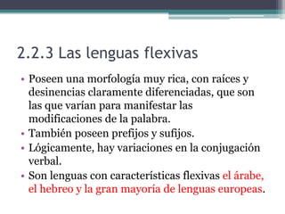 2.2.3 Las lenguas flexivas
• Poseen una morfología muy rica, con raíces y
  desinencias claramente diferenciadas, que son
  las que varían para manifestar las
  modificaciones de la palabra.
• También poseen prefijos y sufijos.
• Lógicamente, hay variaciones en la conjugación
  verbal.
• Son lenguas con características flexivas el árabe,
  el hebreo y la gran mayoría de lenguas europeas.
 