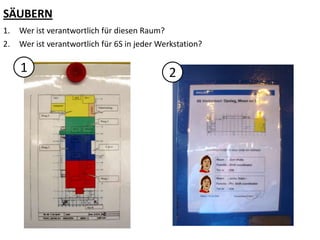 SÄUBERN
1 2
1. Wer ist verantwortlich für diesen Raum?
2. Wer ist verantwortlich für 6S in jeder Werkstation?
 