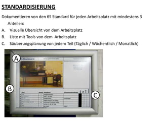 STANDARDISIERUNG
Dokumentieren von den 6S Standard für jeden Arbeitsplatz mit mindestens 3
Anteilen:
A. Visuelle Übersicht von dem Arbeitsplatz
B. Liste mit Tools von dem Arbeitsplatz
C. Säuberungsplanung von jedem Teil (Täglich / Wöchentlich / Monatlich)
A
B
C
 