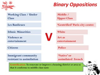 Binary Oppositions
Working Class / Under                         Middle /
Class                                         Upper Class

Les Banlieues                                 ‘Gentrified’ Paris city centre

Ethnic Minorities                             White
Violence as                                   Art as
entertainment                                 entertainment

Citizens                                       Police

Immigrant community                            ‘Native’ or
resistant to assimilation                      assimilated French
 Gentrification: To renovate or improve a housing district or area so
 that it conforms to middle class taste
 