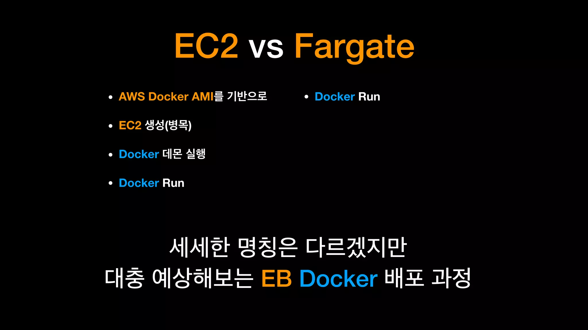 EC2 vs Fargate
• AWS Docker AMI
• EC2 ( )
• Docker
• Docker Run
• Docker Run
 
EB Docker
 