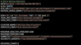 # Edit Below Options
DATE=$(date '+%Y-%m-%d-%H-%M-%S')
echo $DATE
ECR_URL="12345678987.dkr.ecr.ap-northeast-2.amazonaws.com"
DOCKER_IMAGE_NAME="jelly/ecs-session-example"
DIR="$( cd "$( dirname "$0" )" && pwd )"
TASK_DEF_NAME="ecs-session-example"
TASK_DEF_CONF="ecs-task-definition.conf"
CLUSTER_NAME="Jellys-Toy-Cluster"
SERVICE_CONF="ecs-service.conf"
MINIMUM_HEALTHY_PERCENT=100
MAXIMUM_PERCENT=200
SUBNETS='"subnet-xxxxxxxxxxxxxx","subnet-xxxxxxxxxxxxxxxx"'
SECURITY_GROUPS='"sg-XXXXXXXXXXXXXXX"'
DESIRED_COUNT=2
 