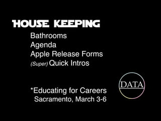 House Keeping
Bathrooms
Agenda
Apple Release Forms
(Super) Quick Intros
*Educating for Careers
Sacramento, March 3-6
 
