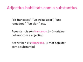 Adjectius habilitats com a substantius

  “els francesos”, “un treballador”, “una
  rentadora”, “un diari”, etc.

  Aquests nois són francesos. [= ús originari
  del mot com a adjectiu]

  Ara arriben els francesos. [= mot habilitat
  com a substantiu]
 