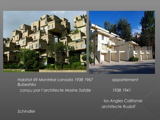  Habitat 69 Montréal canada 1938 1967 appartement
Bubeshko
conçu par l’architecte Moshe Safdie 1938 1941
los Angles Californie
architecte Rudolf
Schindler
 