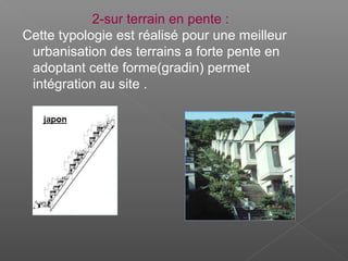 2-sur terrain en pente :
Cette typologie est réalisé pour une meilleur
urbanisation des terrains a forte pente en
adoptant cette forme(gradin) permet
intégration au site .
 