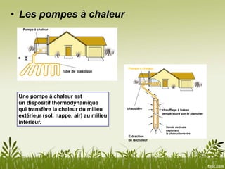 • Les pompes à chaleur
Pompe à chaleur
E
Tube de plastique
chauffage à basse
température par le plancher
Pompe à chaleur
chaudière
Sonde verticale
exploitant
la chaleur terrestre
Extraction
de la chaleur
Une pompe à chaleur est
un dispositif thermodynamique
qui transfère la chaleur du milieu
extérieur (sol, nappe, air) au milieu
intérieur.
 